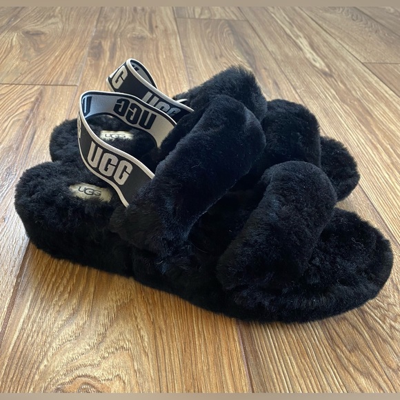UGG Fluff Oh Yeah Black Slides Slippers Sandals Women's 10 Excellent Condition - Picture 3 of 10